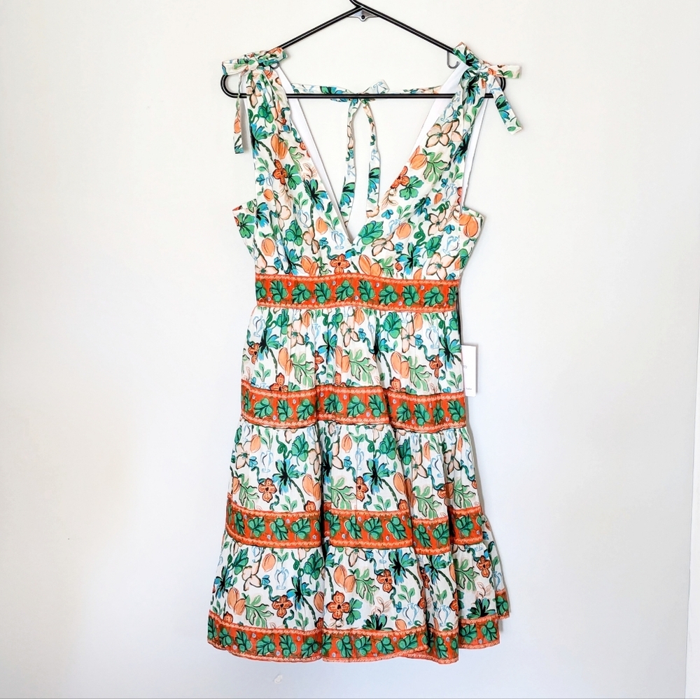 Japna - Sundress Mini Fit and Flare Deep-V off-White, Green, Orange Small - Picture 2 of 12
